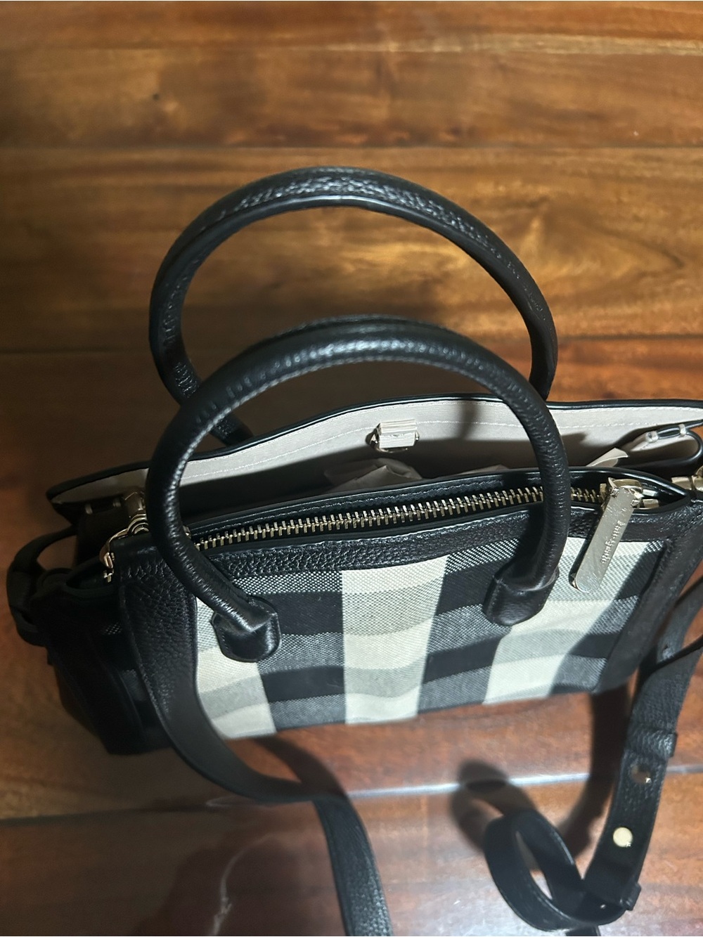 kate spade Black and Cream Plaid Satchel with Top Handles
